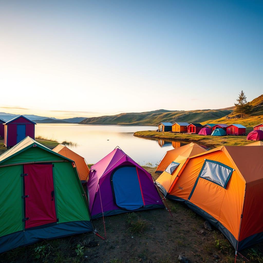 Different color of tents surrounding a lake. Some tents have multiple doors, some are well ventilated. Some have sturdy poles attached.