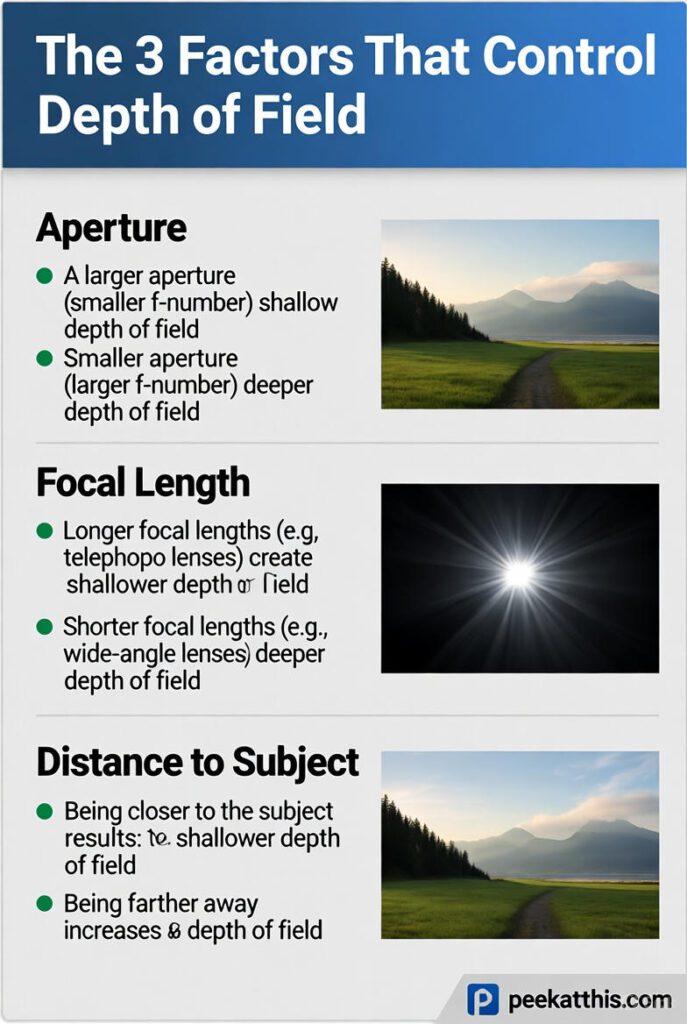 Infographic titled 'The 3 Factors That Control Depth of Field' illustrating aperture, focal length, and distance to subject with camera and visual examples, featuring the website peekatthis.com with a logo in the bottom right corner.