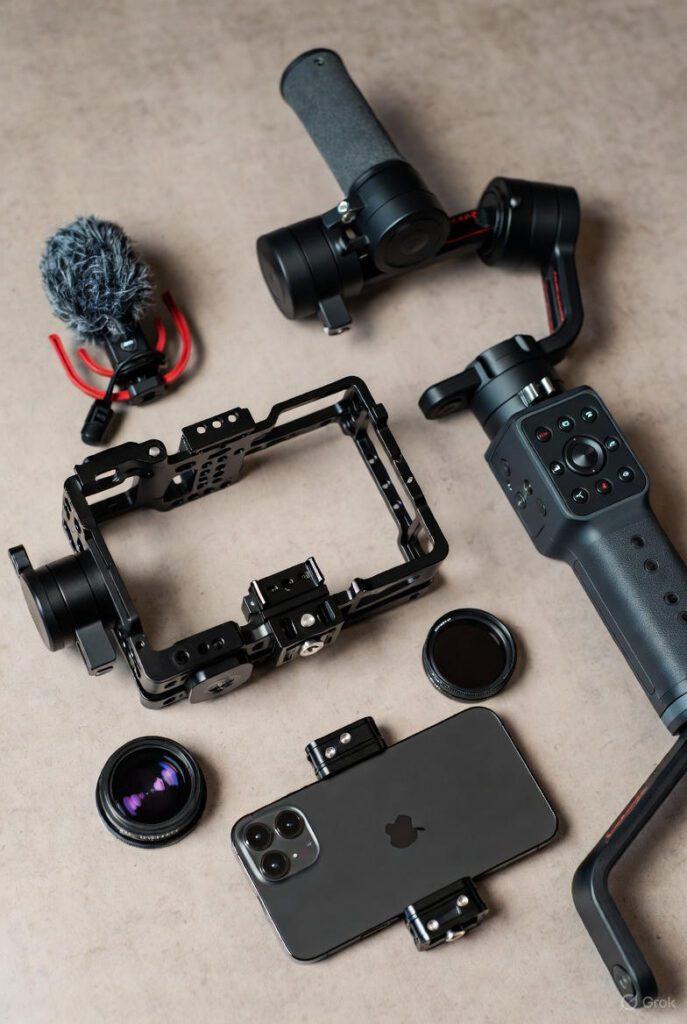 Gear flat-lay photo showing cage, gimbal, lav mic, ND filter, and iPhone arranged cleanly on a surface.
