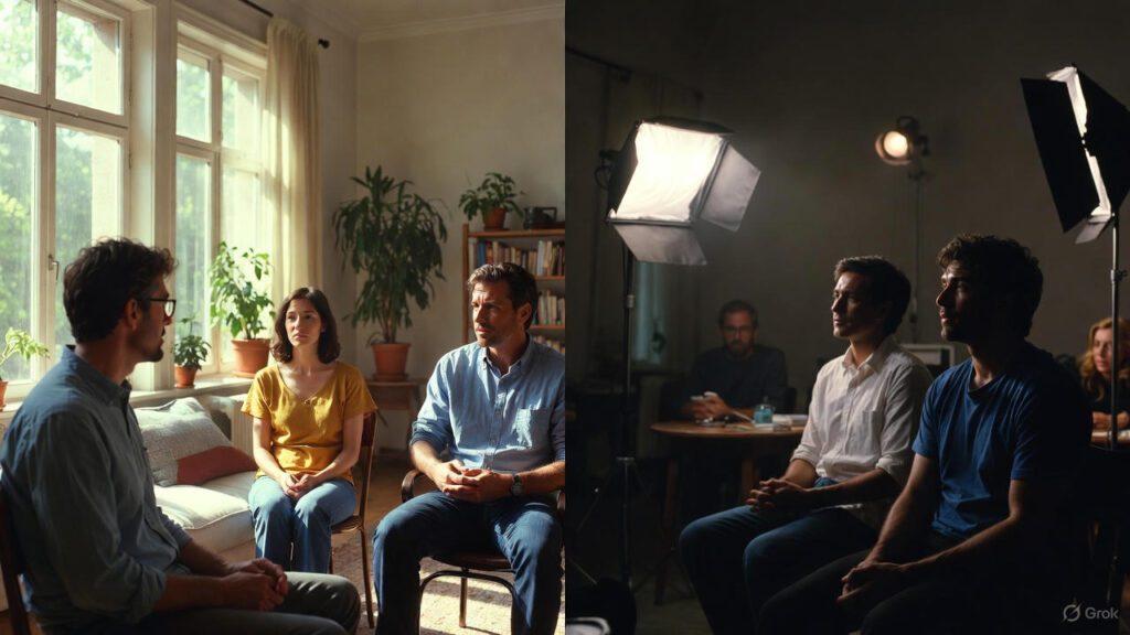 Lighting examples: Before/after showing natural light vs. poorly lit interview