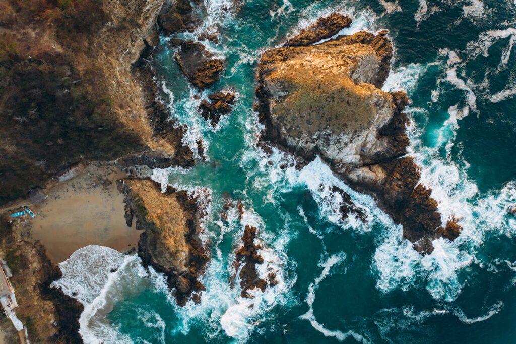 aerial view of rocks formation on the seacoast