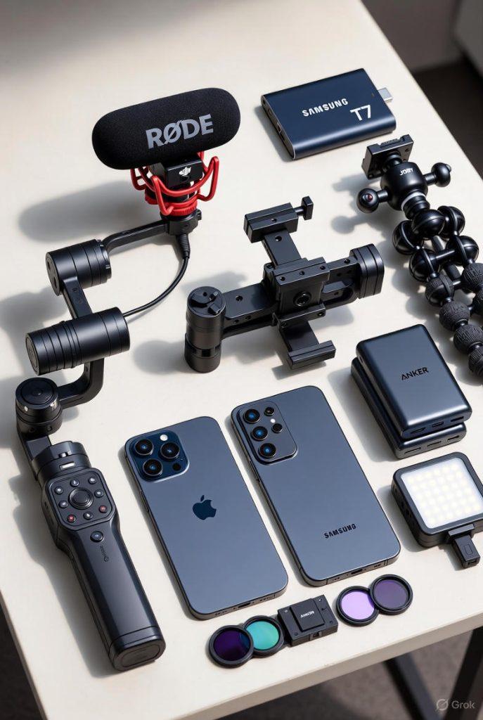 Flat-lay of smartphone cinematography kit: gimbal, Rode mic, Anker batteries, Samsung T7 SSD, tripod, lights, lenses, and pro phones.