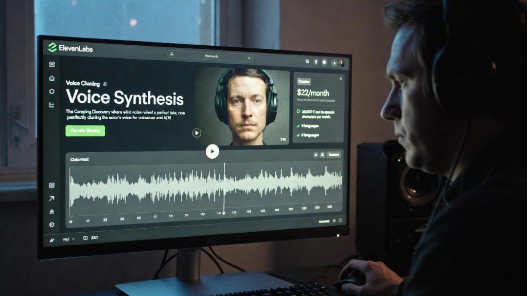 Person using ElevenLabs to generate synthetic voiceover and ADR, with audio waveform and script visible on screen