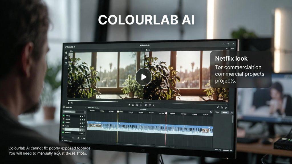 Filmmaker using Colourlab AI on a computer to automatically color grade footage, displaying before-and-after views of a scene with a professional 'Netflix look' applied, in a modern editing setup.