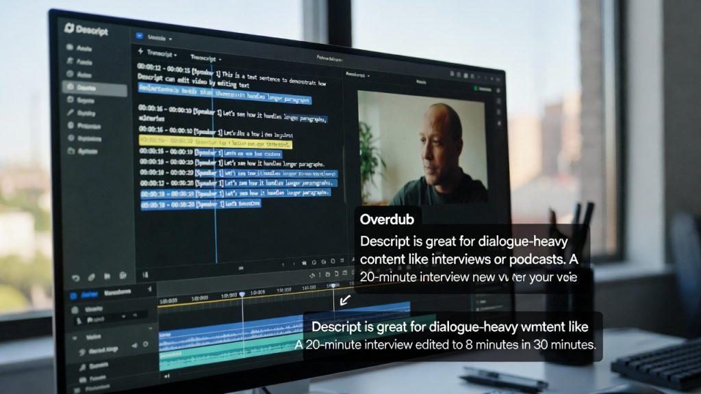 Video editor using Descript’s text-based editing to cut and rearrange an interview by editing the transcript, with playback preview and Overdub voice synthesis visible.