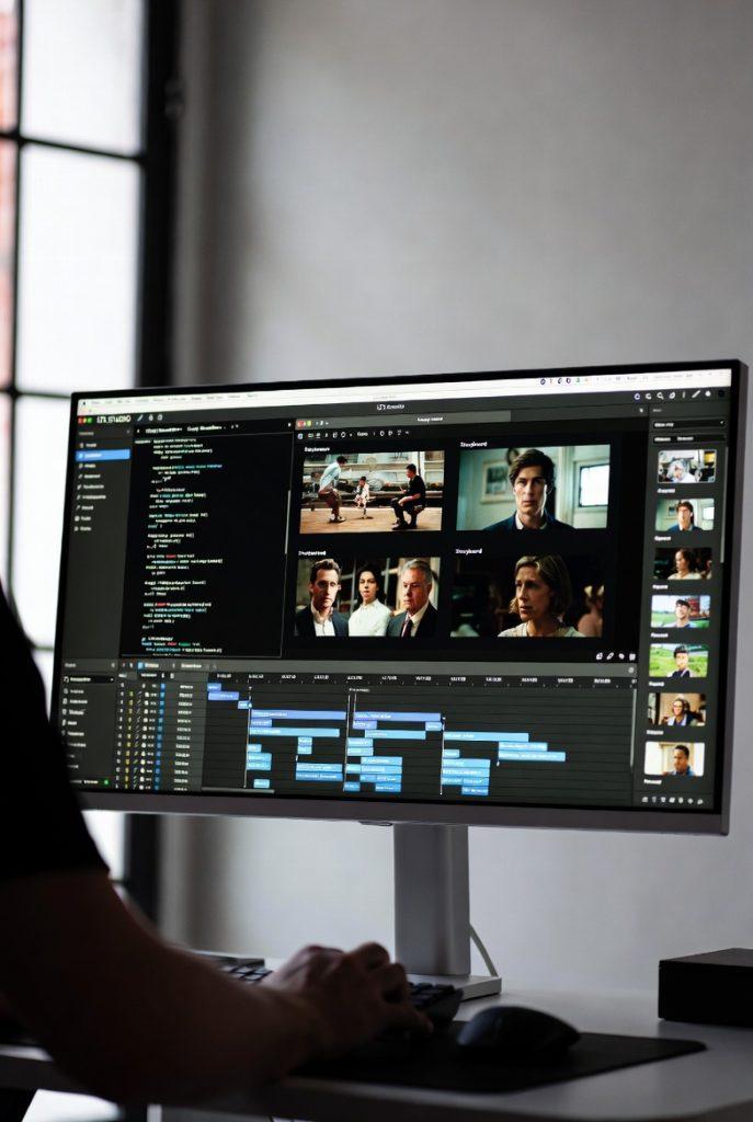 Filmmaker using LTX Studio on a large monitor, with the interface displaying a script breakdown, generated storyboard panels of cinematic scenes, shot list timeline, and AI video preview thumbnails for pre-production planning in a modern workspace.