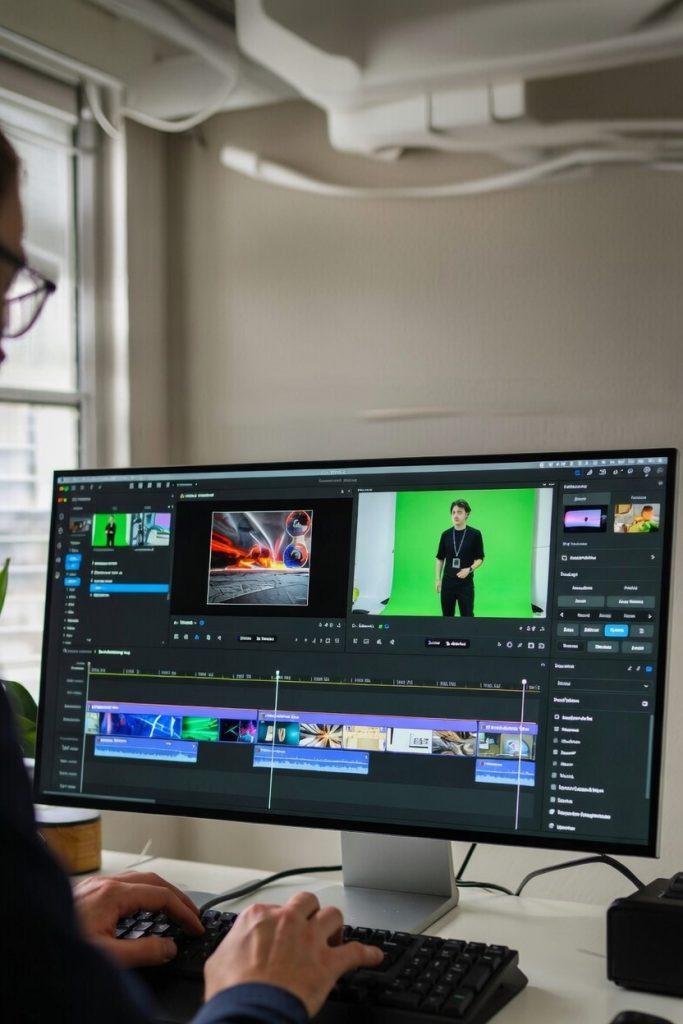 A person seated at a desk viewing Runway's AI video editing interface on an ultrawide monitor. The main preview shows a person in black clothing performing movements against a bright green screen. The sidebar lists practical VFX tools such as boom mic removal and sky replacement. The timeline at the bottom displays multiple video clips including abstract visuals and city scenes.