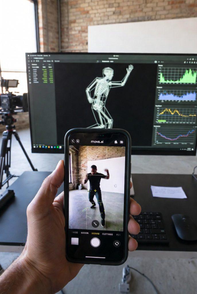 Markerless motion capture with Move.ai: smartphone recording a fight scene reference with skeletal tracking overlay, results shown on a computer screen for indie film pre-visualization.