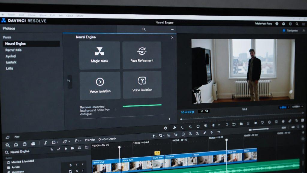 Close-up of a filmmaker at a desk viewing DaVinci Resolve’s interface on an ultrawide monitor. The Neural Engine tools are active, including Magic Mask showing green outline rotoscoping on an actor’s face, Face Refinement panels comparing original and beautified portraits, and Voice Isolation analyzing audio to remove city noise from dialogue recorded in a live apartment setting for the film 'Married & Isolated'.