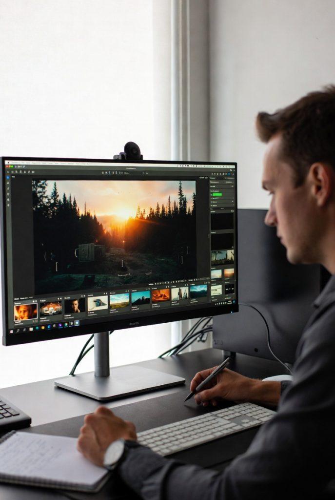 Filmmaker using Boords on a computer to create storyboard frames, with the screen showing a generated wide shot of a forest at sunset and a camera pan indication, useful for pre-production visualization.