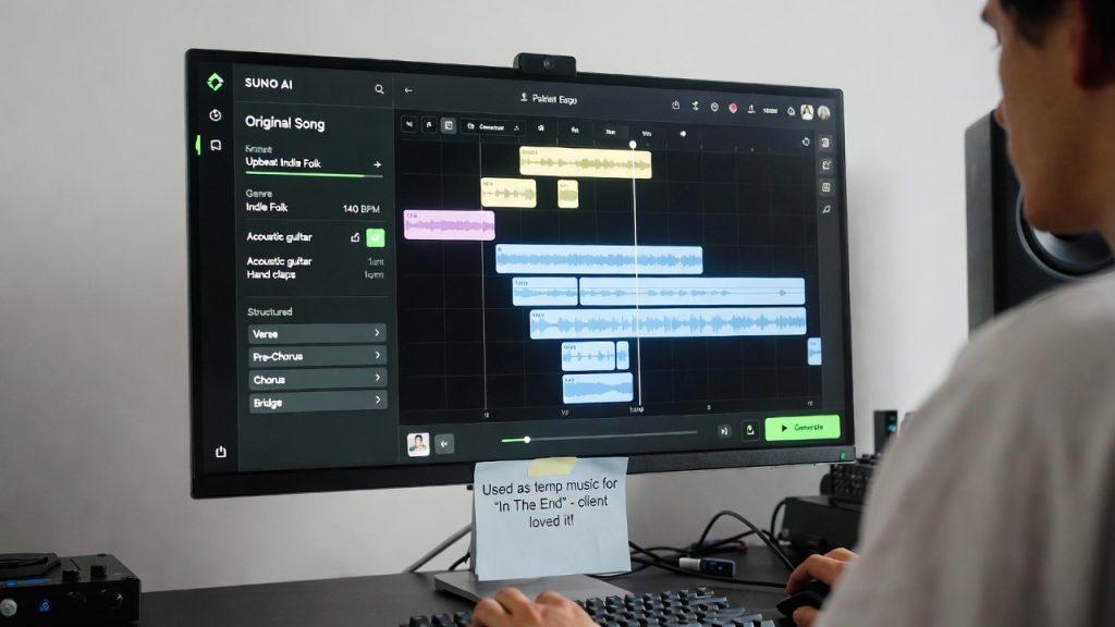 Filmmaker generating original music in Suno AI on a computer monitor, displaying an upbeat indie folk song at 140 BPM with acoustic guitar and hand claps, including verse, chorus, pre-chorus, and bridge sections, used as temp music for the film 'In The End'.