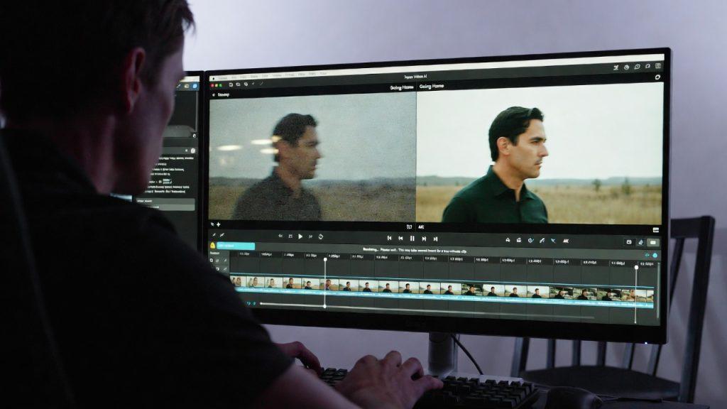 Filmmaker enhancing low-light noisy footage in Topaz Video AI, with before-and-after 4K upscale comparison on screen for the film 'Going Home'.