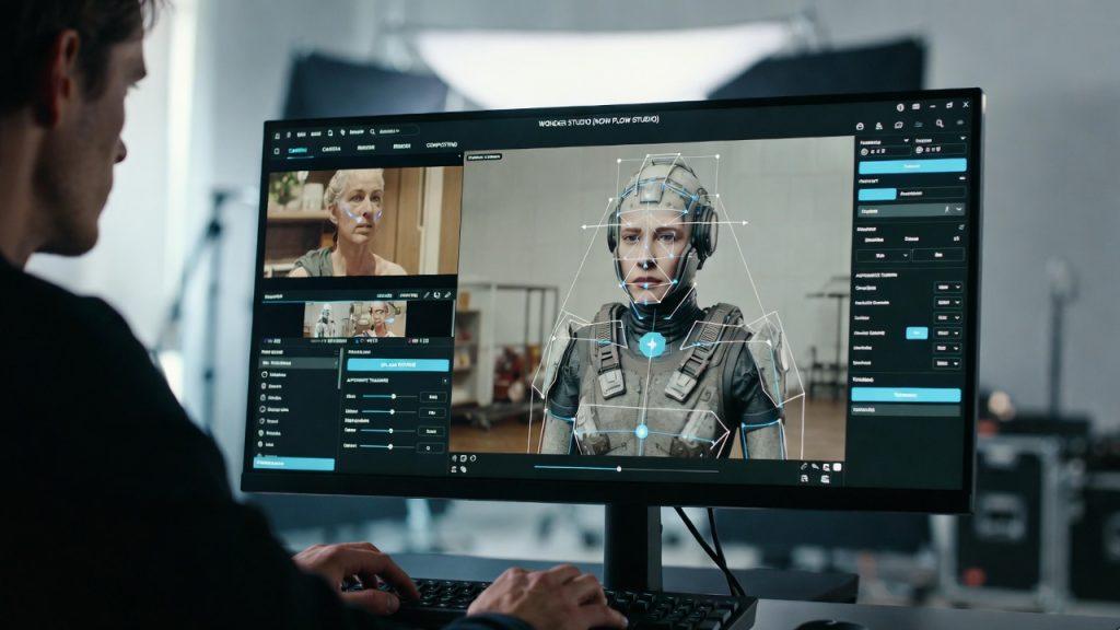 Filmmaker integrating CG character into live-action video using Wonder Studio, showing before-and-after compositing with matched lighting and tracking on screen.