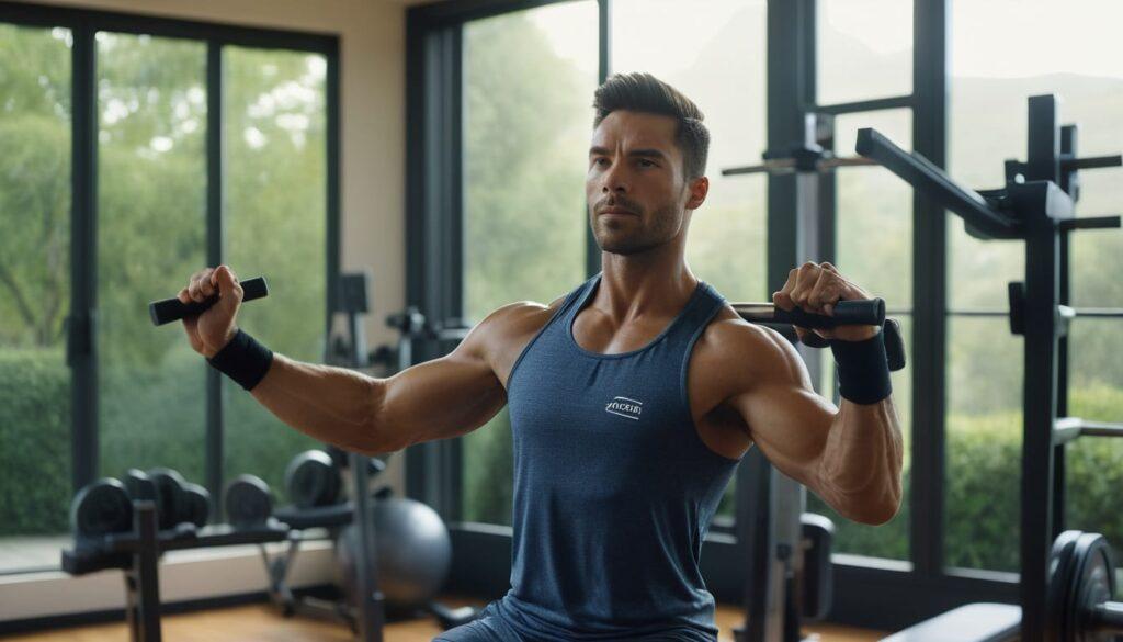 A person confidently exercising in a spacious, modern home gym. They are wearing comfortable, personalized workout attire, with a subtle smile of contentment. The room is bathed in warm, soft light, and the air feels clean and fresh. In the background, a large window offers a glimpse of a peaceful, private garden. The atmosphere is one of complete privacy, freedom, and personal control, with a sense of hygiene and tranquility. Focus on the feeling of liberation from judgment and the joy of a truly personal workout space. Hyperrealistic, detailed, volumetric lighting, serene.