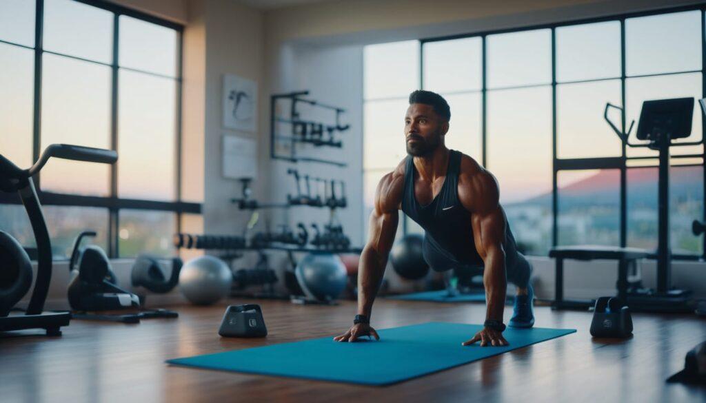 Tidy, functional home gym designed for motivation. Strategic placement of entertainment, inspiring decor. Sense of excitement and readiness to exercise.