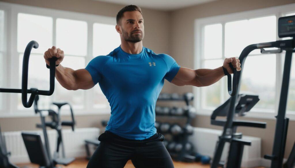 Well-lit, ventilated home gym with equipment properly spaced and assembled. Person demonstrating good form, safe movement. Secure, functional, accident-free.