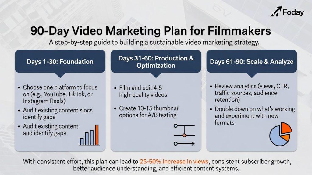 Infographic: "90-Day Video Marketing Plan for Filmmakers" visualizing the timeline and key milestones