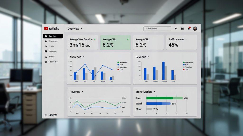 Screenshot of YouTube Analytics dashboard highlighting the key metrics discussed (average view duration, CTR, traffic sources)