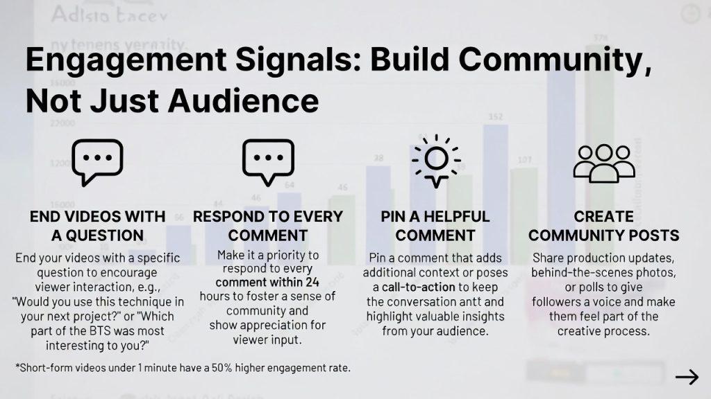 Infographic on building community through engagement: use specific video questions, reply to comments quickly, pin helpful comments, post community updates, and note 50% engagement for short-form videos.
