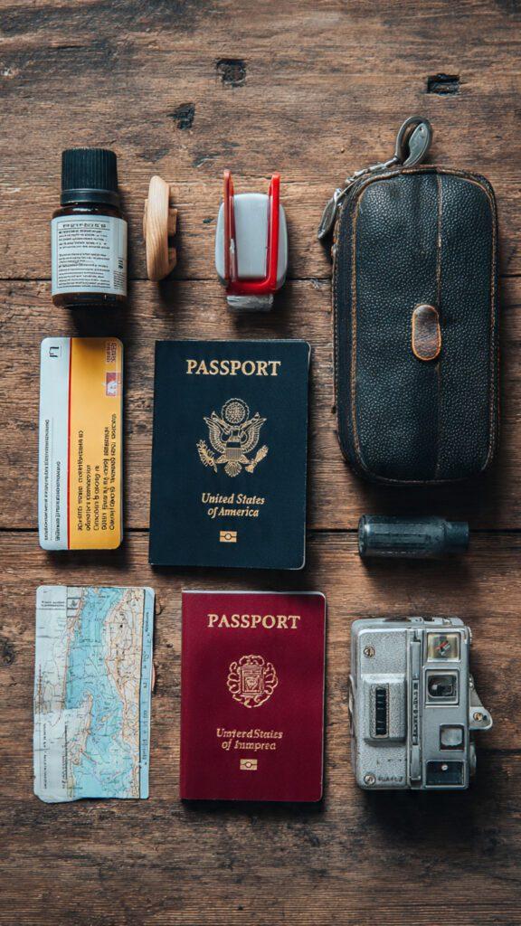 Flat lay: Travel safety essentials – passport copies, insurance docs, emergency contacts list, backup credit card, first aid kit, doorstop