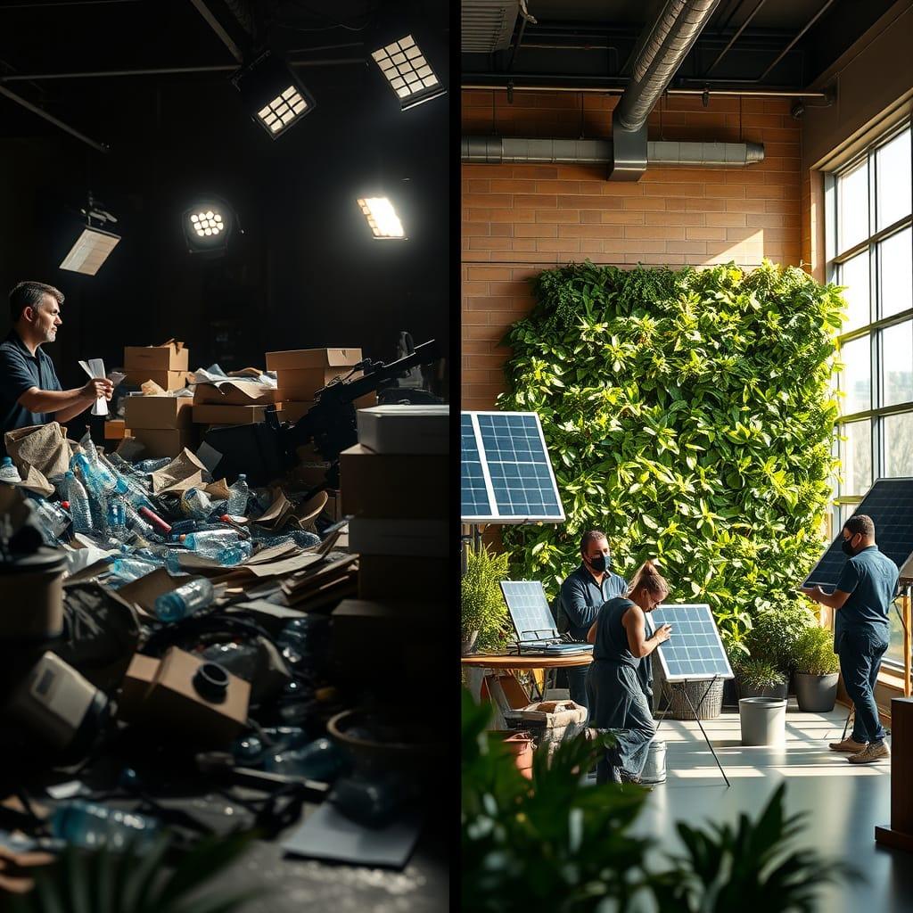 side by side comparison of a traditional film set vs. a sustainable one highlighting waste reduction and energy efficiency