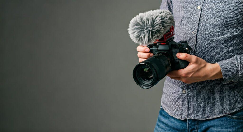 A mirrorless camera rigged with an on-camera shotgun microphone and headphones plugged in, showing a basic pro audio setup.