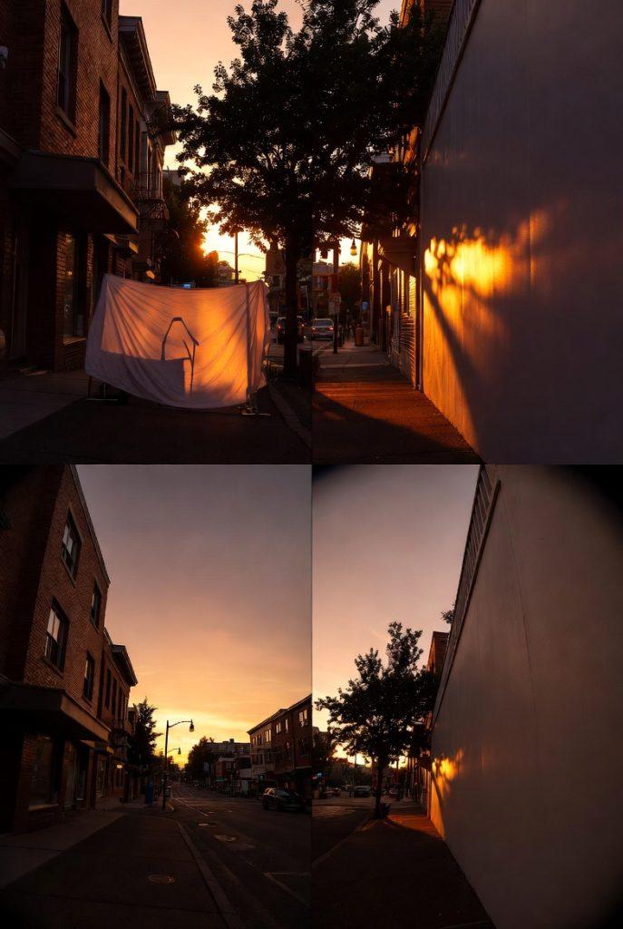 Four-panel comparison of the same Vancouver street scene captured with different lenses: standard lens showing natural perspective of brick buildings and street; macro lens zooming in on textured brick detail; wide-angle lens expanding the view with slight distortion; fisheye lens creating strong curved, bulging distortion for a surreal effect. All images feature historic brick architecture, parked cars, pedestrians, and a partly cloudy sky.
