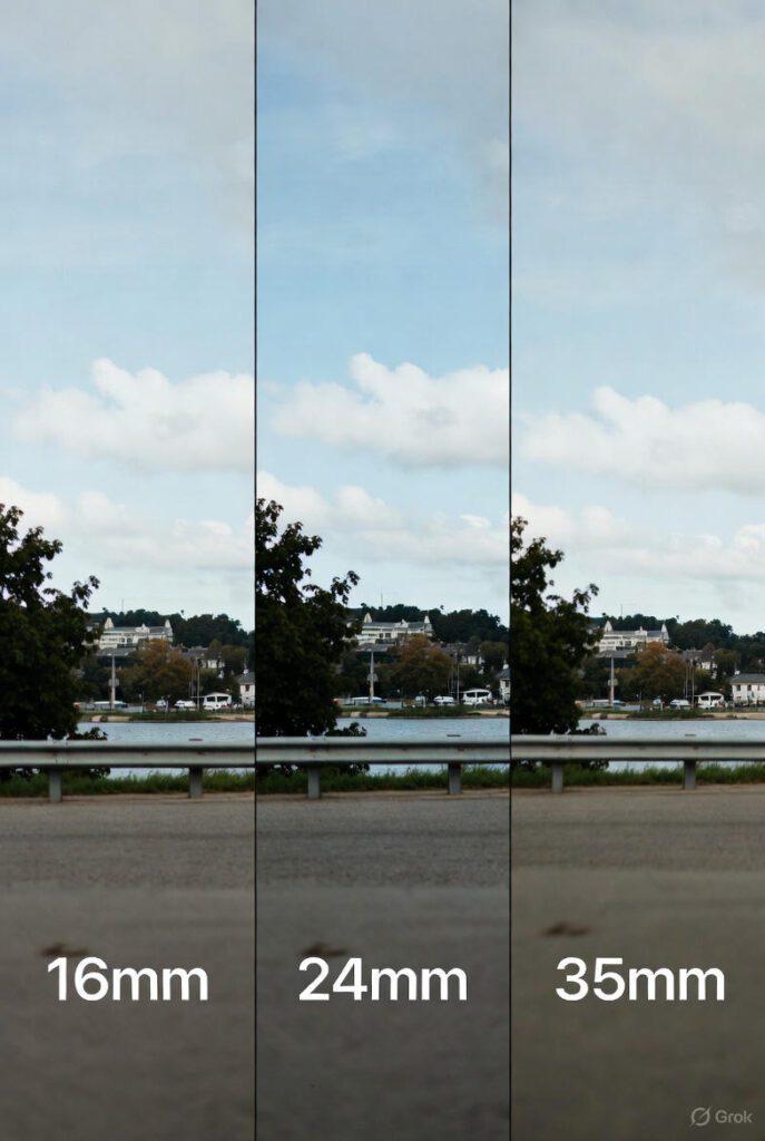 IMAGE SUGGESTION: Comparison grid showing 16mm, 24mm, and 35mm focal lengths from the same spot