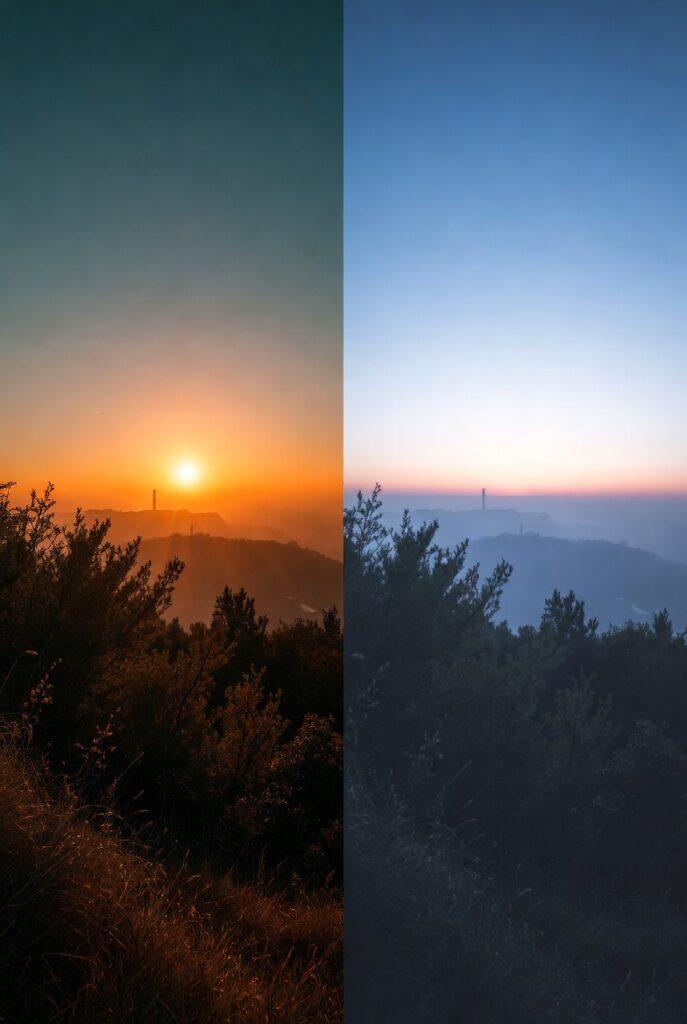 Golden hour vs blue hour comparison - same location, different lighting