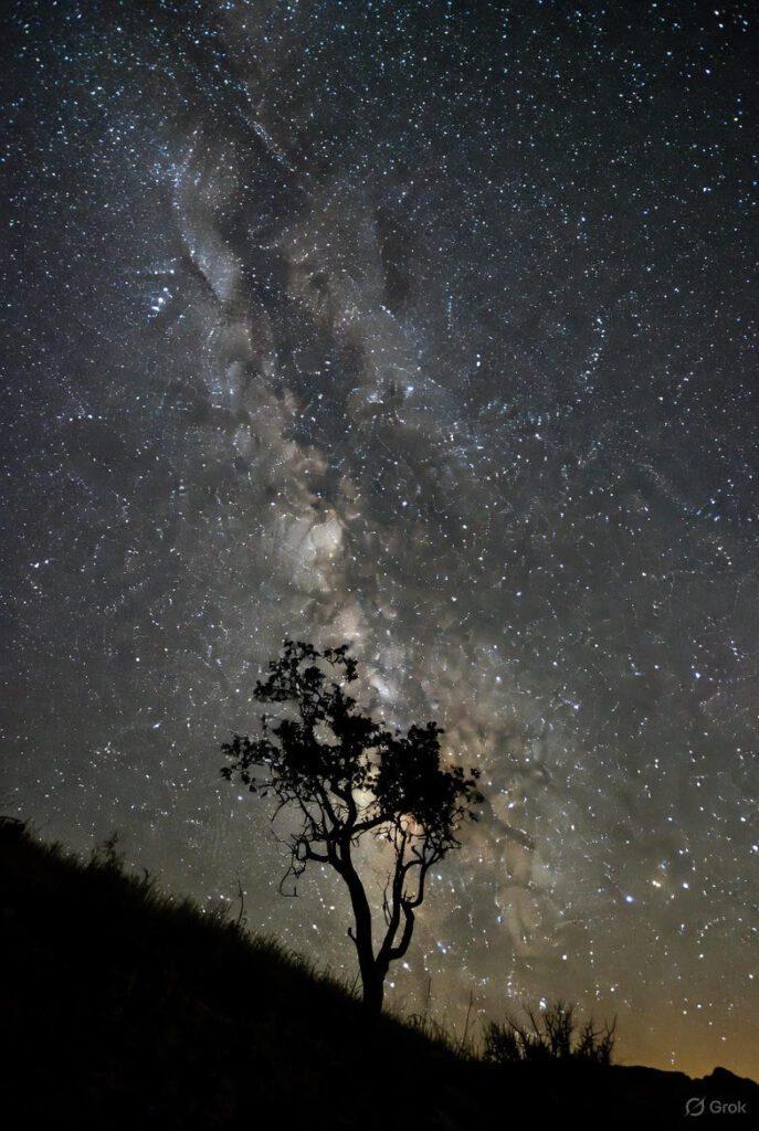 Astrophotography shot showing Milky Way with foreground interest