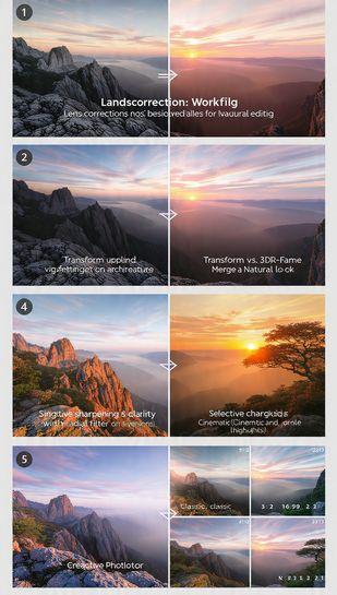 contains six clearly labeled panels that follow your exact workflow: Lens Corrections Before/After showing barrel distortion and vignetting removed + Transform “Guided” upright correction on architecture Dynamic Range & Bracketing Side-by-side: single exposure vs 3-frame HDR merge (-1, 0, +1 EV) with natural, non-HDR look Selective Sharpening & Clarity Radial filter applied only to foreground rocks/tree, with visible “pop” while sky remains smooth Color Grading (Split Toning / Color Grading panel) Two versions of the same image: Classic: warm shadows (+8 orange), cool highlights (-6 blue) Cinematic: teal shadows, orange highlights Creative Cropping Options Original 3:2 → cropped to 16:9 cinematic → cropped to 2:1 panorama Export Presets Cheat Sheet Quick reference box: • Web / Instagram → 2048 px or 1080 px, sRGB, 75 % JPEG • Portfolio → 2048–3500 px long edge, sRGB • Print → Full res, Adobe RGB, 100 % TIFF or JPEG All panels use the same starting wide-angle landscape (16mm shot of mountains + lake at sunset) so the effect of each step is immediately obvious.