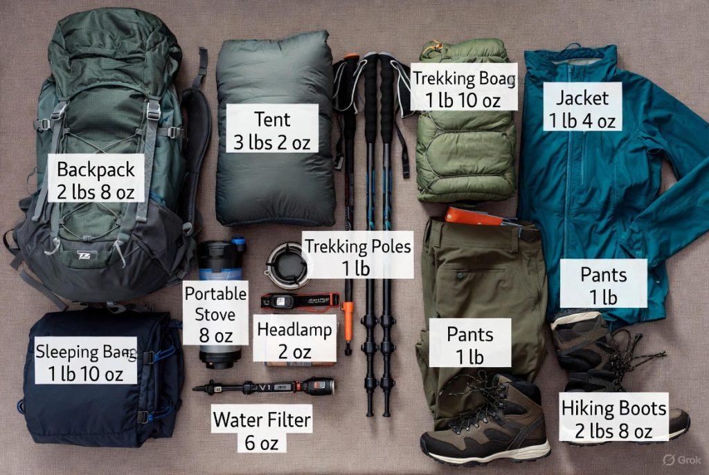 3. Gear Spread Photo - Lay-flat shot of complete lightweight backpacking kit with items labeled and weights listed