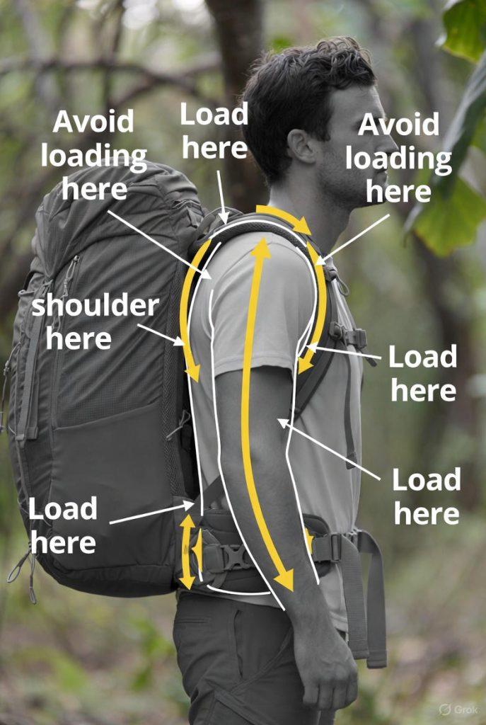2. Pack Loading Diagram - Annotated cross-section showing proper weight distribution in a backpack