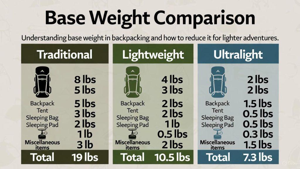 Base Weight Comparison Infographic - Visual showing traditional vs lightweight vs ultralight gear side-by-side with weights