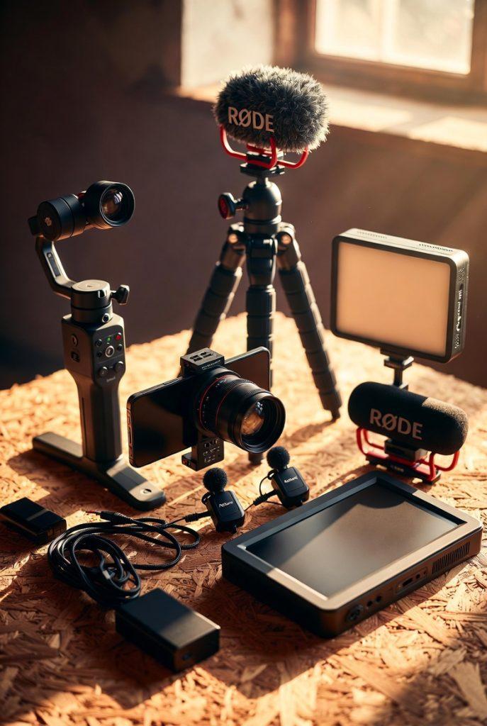 Aesthetic flat lay photography of complete mobile filmmaker's kit on textured wooden surface. Includes: smartphone with anamorphic lens attached, compact gimbal (DJI Osmo), small LED panel (Aputure MC), tabletop tripod, Rode VideoMic Me, wireless lav mics, field monitor, cables and batteries. Golden hour sunlight streaming from window creating dramatic shadows, carefully arranged with negative space, editorial photography style, warm earthy tones, 8k detail, shot on medium format camera, professional gear photography