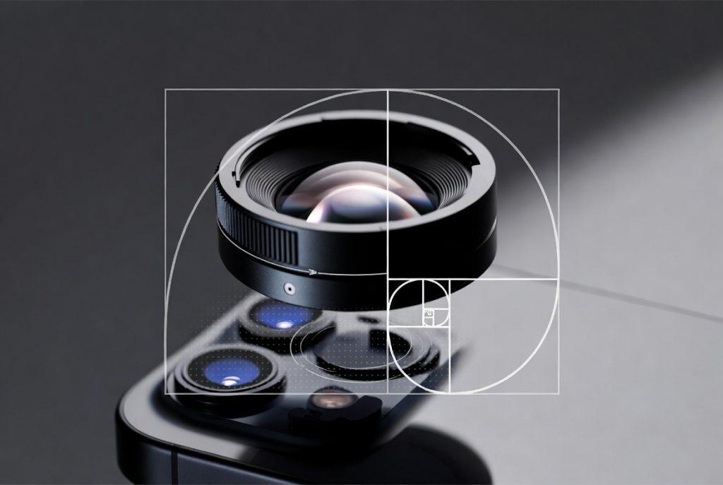 Hero shot of modern T-Series lens being precisely mounted onto smartphone with magnetic click. Lens perfectly centered over camera module with visible alignment guides. Golden ratio overlay showing perfect circular coverage. Deconstructed view showing thin profile vs old bulky adapter. Premium product photography, dramatic studio lighting, shallow depth of field focusing on mounting mechanism, reflective surfaces, shot on Phase One, commercial photography style, clean gray gradient background