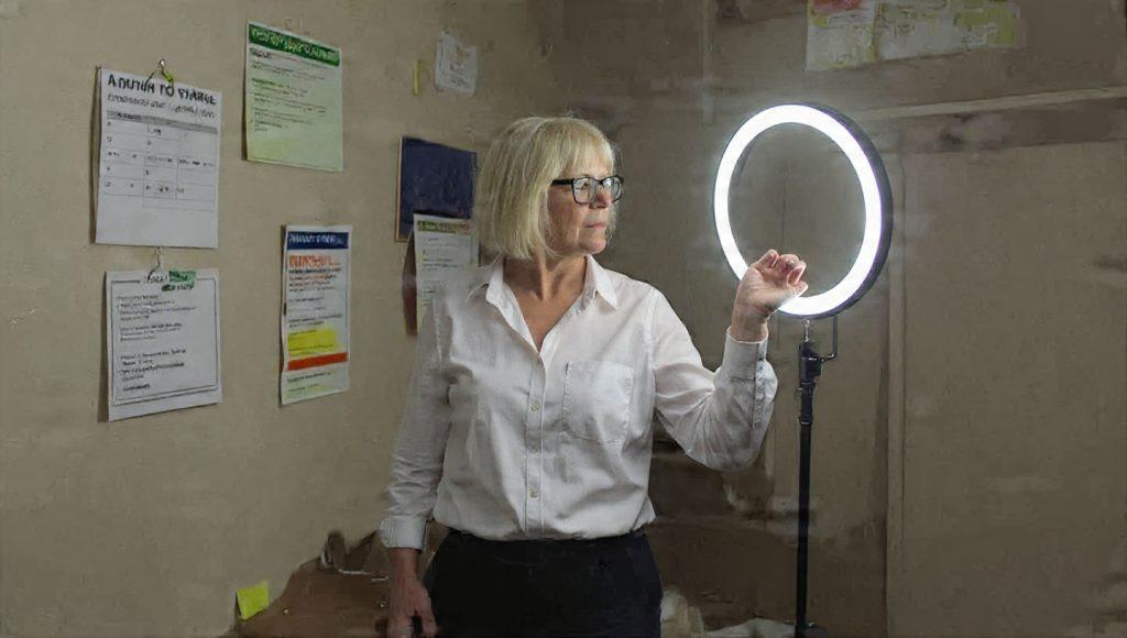 An intimate, behind-the-scenes moment. A determined actor, mid-career, is seen in a modest home studio at night.