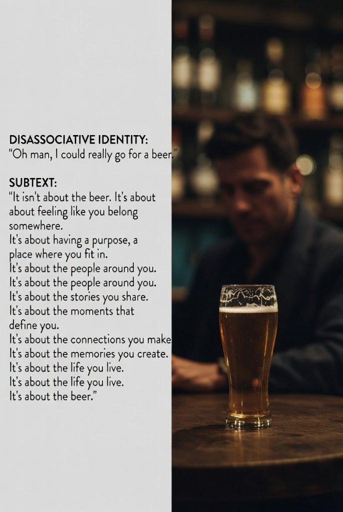 The "Subtext" Script Markup (Image/Table) To illustrate Exercise 1, show a snippet of your script from Disassociative Identity. Use a "Split Screen" style visual: Left Side: The actual dialogue (the "surface" argument about the beer). Right Side: The subtext (what they are actually saying). This visualizes your point that it "isn't about the beer." It teaches the reader how to write "nothing" scenes with "everything" underneath.