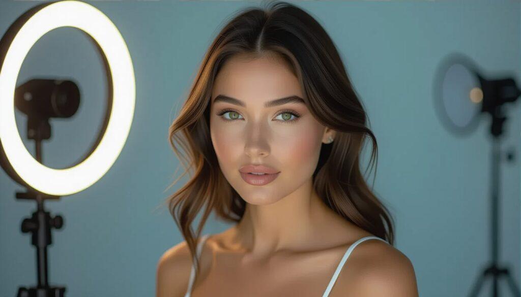 Standard ring light setup with camera mounted in center and subject positioned directly in front for even lighting.