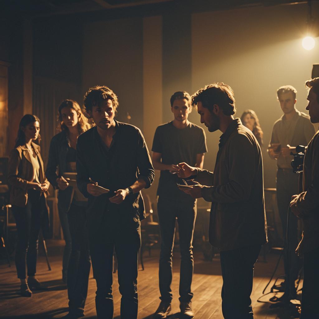 Here's another behind-the-scenes image from an indie film set, showcasing the dynamic interactions between the director and actors as they emphasize physicality in their performances.