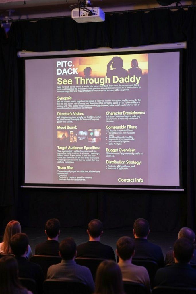 pitching a film in front of a crowd of people
