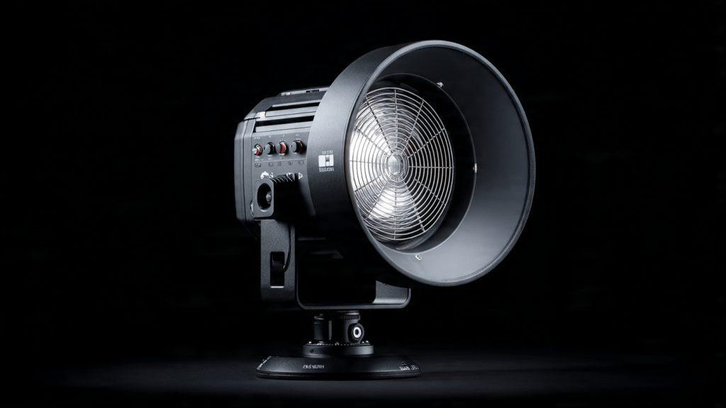 Godox SL-60W LED video light with Bowens mount, cooling fan, control dials, and reflector dish, product photography style on a dark background, high detail, studio lighting, 16:9 aspect ratio