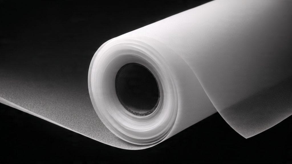 Savage Translum Backdrop Material roll, translucent white diffusion material for creating soft light, studio product photography on a dark background showing the texture and translucency, high detail, 16:9 aspect ratio