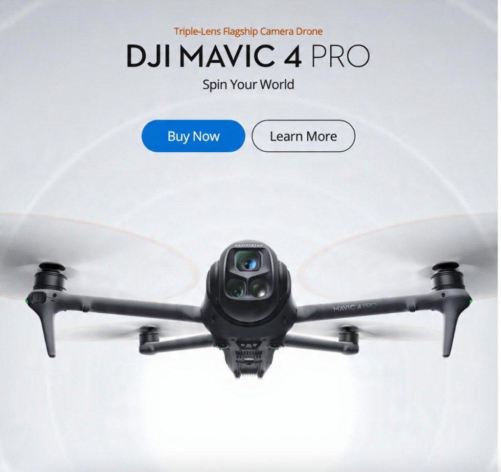 Square advertisement for DJI Mavic 4 Pro drone on a white background. Text at top reads "Triple-Lens Flagship Camera Drone" followed by "DJI MAVIC 4 PRO" in large letters and "Spin Your World" tagline. Centered below are two buttons: blue "Buy Now" button and outlined "Learn More" button. A gray DJI Mavic 4 Pro drone with triple-lens camera system is shown in flight below the text.