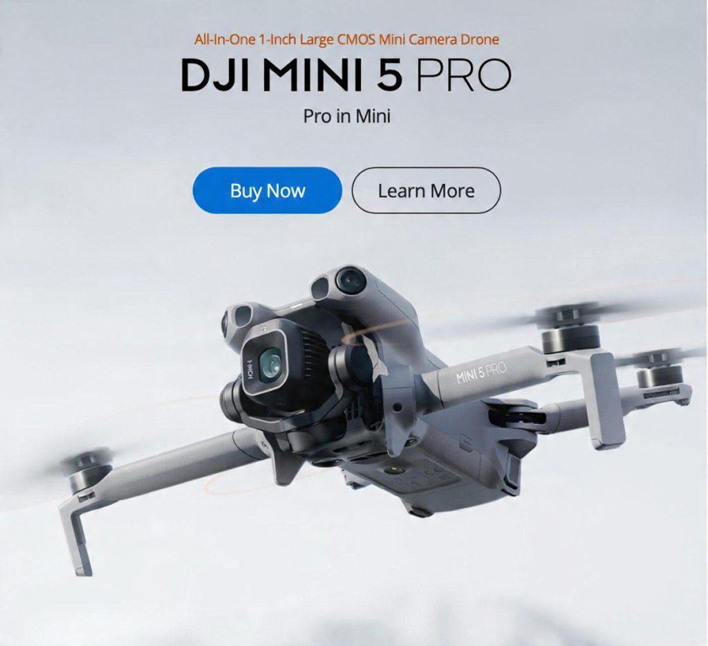 Square advertisement for DJI Mini 5 Pro drone on a light gray background. Text at top reads "All-In-One 1-Inch Large CMOS Mini Camera Drone" in orange, followed by "DJI MINI 5 PRO" in large black letters and "Pro in Mini" below. Centered below are two buttons: blue "Buy Now" button and outlined "Learn More" button. A gray DJI Mini 5 Pro drone with 1-inch camera is shown in flight, angled toward the camera.