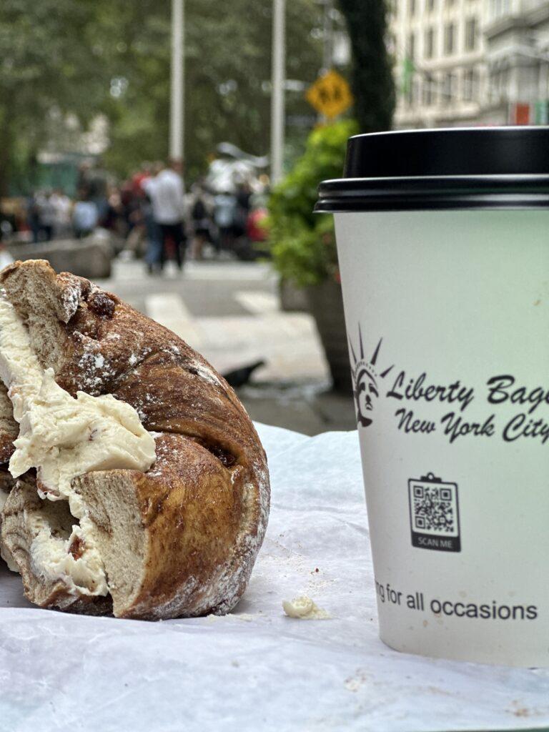 Delicious bagel French toast with maple cream cheese from Liberty Bagels in Wall Street, New York.