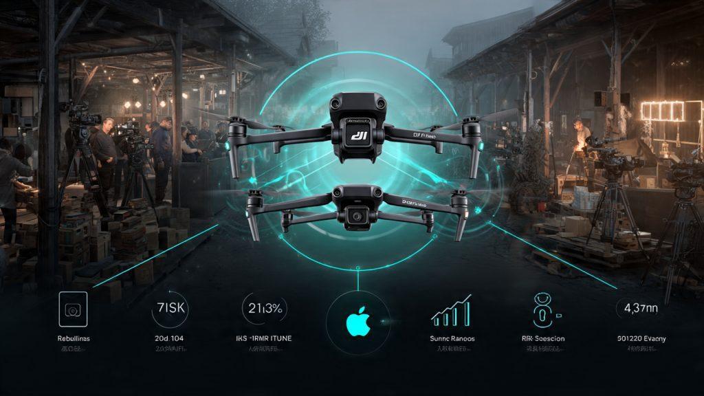 Concept illustration of DJI’s 2026 filmmaker ecosystem. A DJI RS 3 gimbal, Ronin 4D camera, DJI Mic 2, and Mini 4 Pro drone are connected by glowing lines to show integration. Background shows an indie film set. Side elements depict a timeline of the 2015–2018 gimbal wars with fading competitor logos, plus graphics for 3–5 year firmware support and 70% resale value versus 40% for competitors. A small lock icon at the bottom represents ecosystem lock-in.