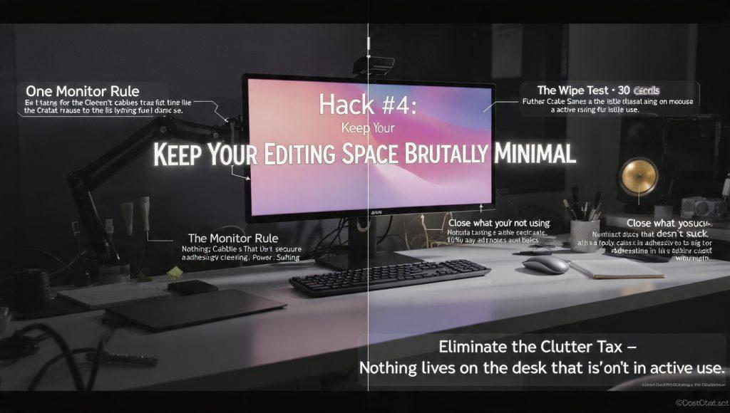 Cinematic 16:9 infographic titled "Hack #4: Keep Your Editing Space Brutally Minimal". Shows a brutally minimal editing desk setup: single monitor on a monitor arm at eye level with clear space underneath for keyboard and mouse, clean desk