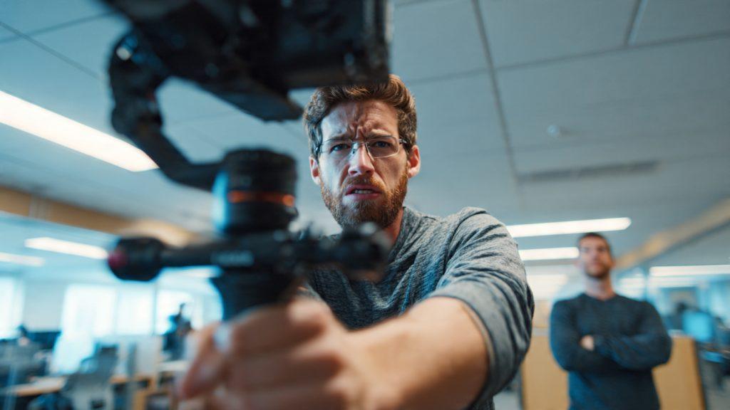 Frustrated filmmaker on a corporate video set in a modern Victoria BC office, a non-DJI gimbal with a Sony a7 III tilted awkwardly, client visible watching in background with arms crossed, overhead fluorescent lighting, photorealistic, candid moment not staged