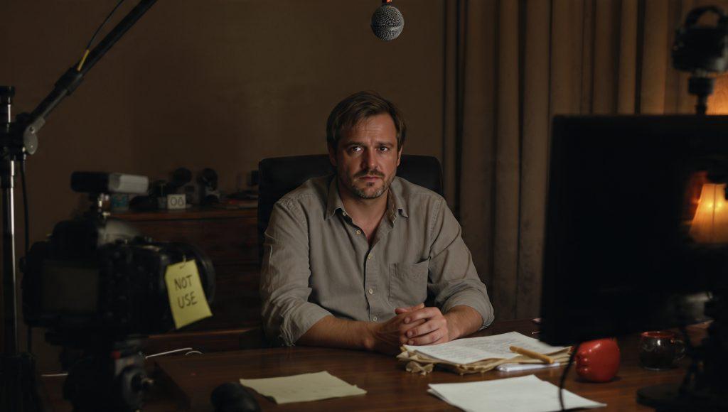 Actor on a sparse two-person narrative film set looking frustrated during what appears to be an ADR session, visible boom mic positioned poorly, camera internal mic flagged with a sticky note reading 'DO NOT USE,' cinematic low key lighting, photorealistic